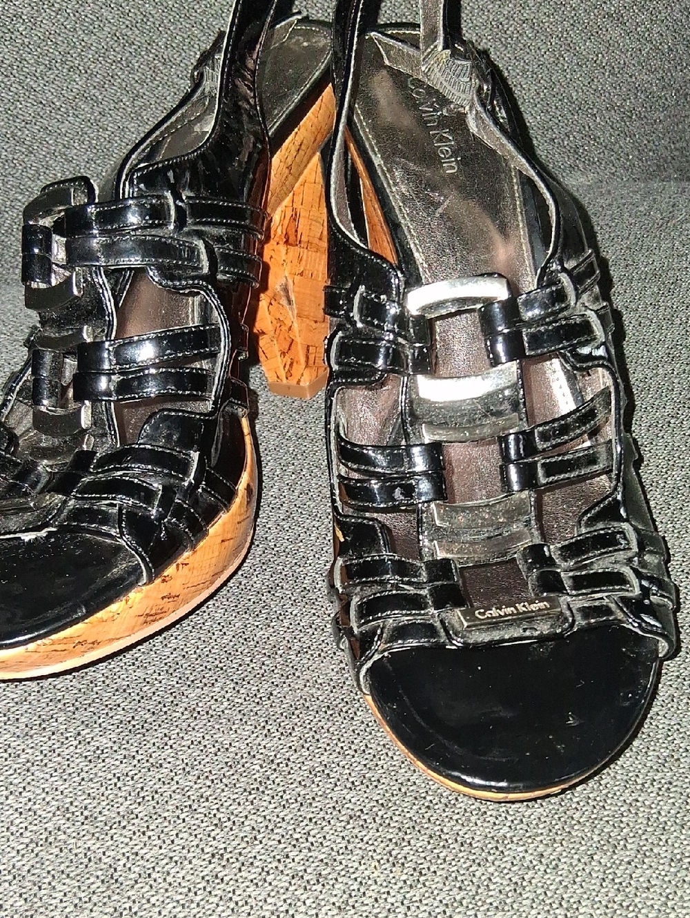 Calvin Klein Black Patent Leather Cork Wedge Sandals